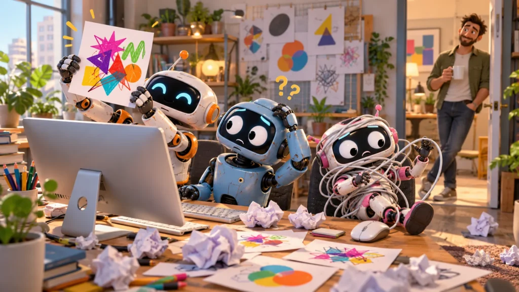Robots attempting DIY AI design while a human designer looks on