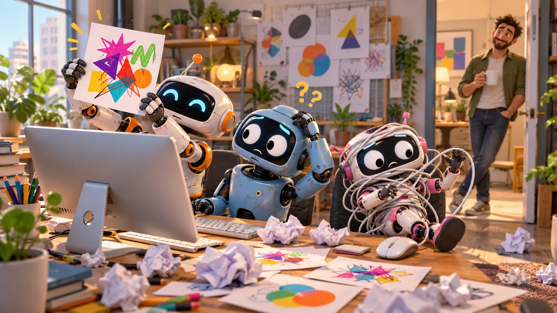 Robots attempting DIY AI design while a human designer looks on