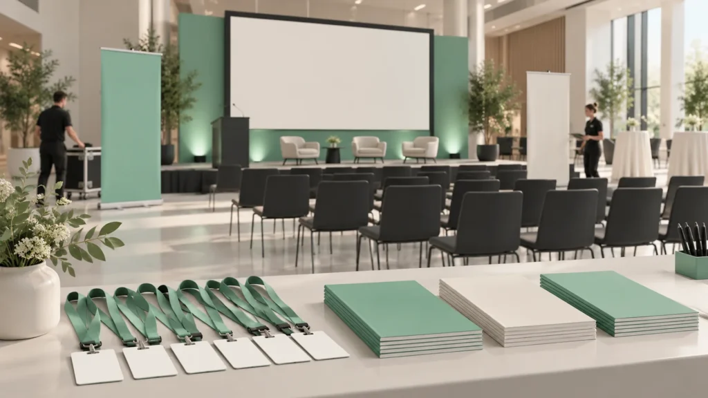 Event design checklist in action: a conference hall set up with pull-up banners, a stage screen, lanyards and printed programmes