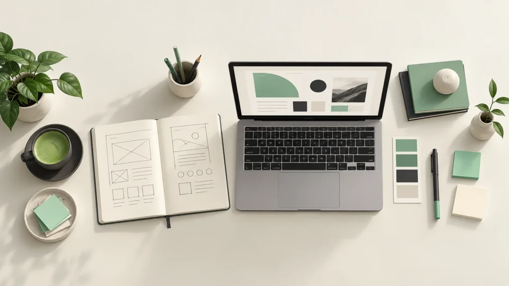How to write a design brief: a notebook with layout sketches, colour swatches and a laptop showing a design mock-up