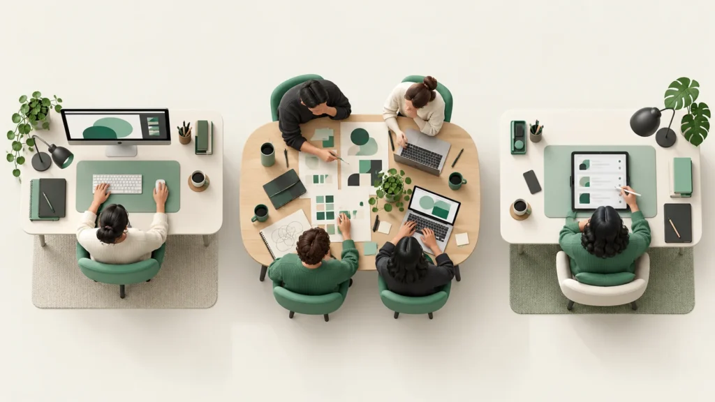 In-house designer vs agency vs subscription: a solo designer's desk, an agency team round a shared table, and a designer working through a request queue on a tablet