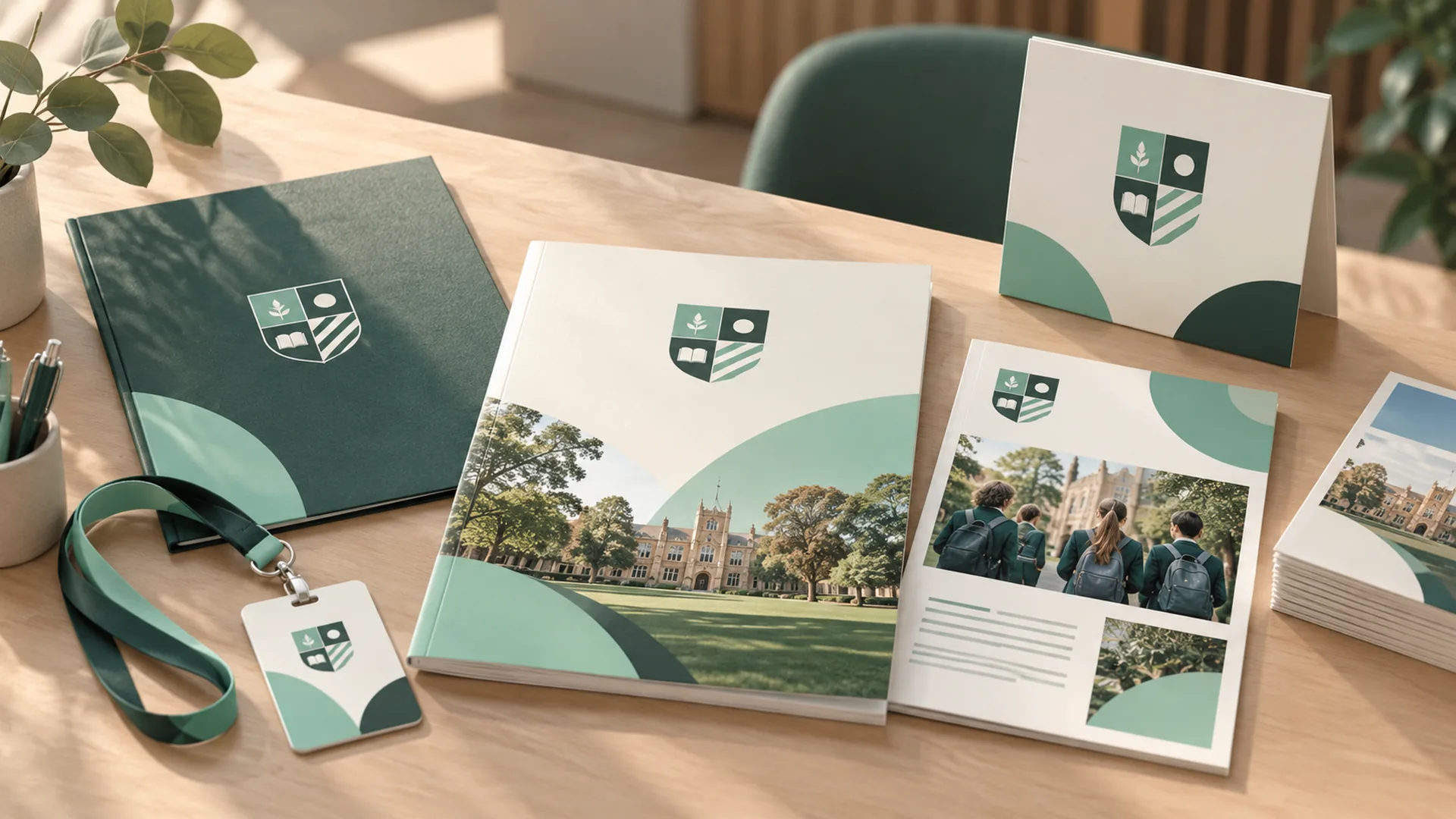 School branding kept consistent across a prospectus, newsletter, folder, desk sign and lanyard sharing one crest