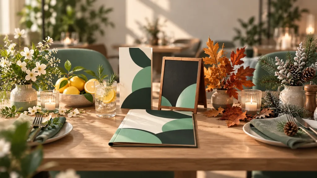 Seasonal design planning for a restaurant: menus and an A-frame board surrounded by spring flowers, lemons, autumn leaves and pine