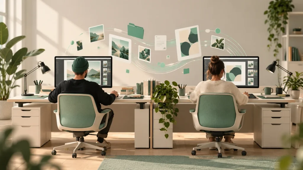 White-label design support: two designers at back-to-back desks with design files flowing between their screens